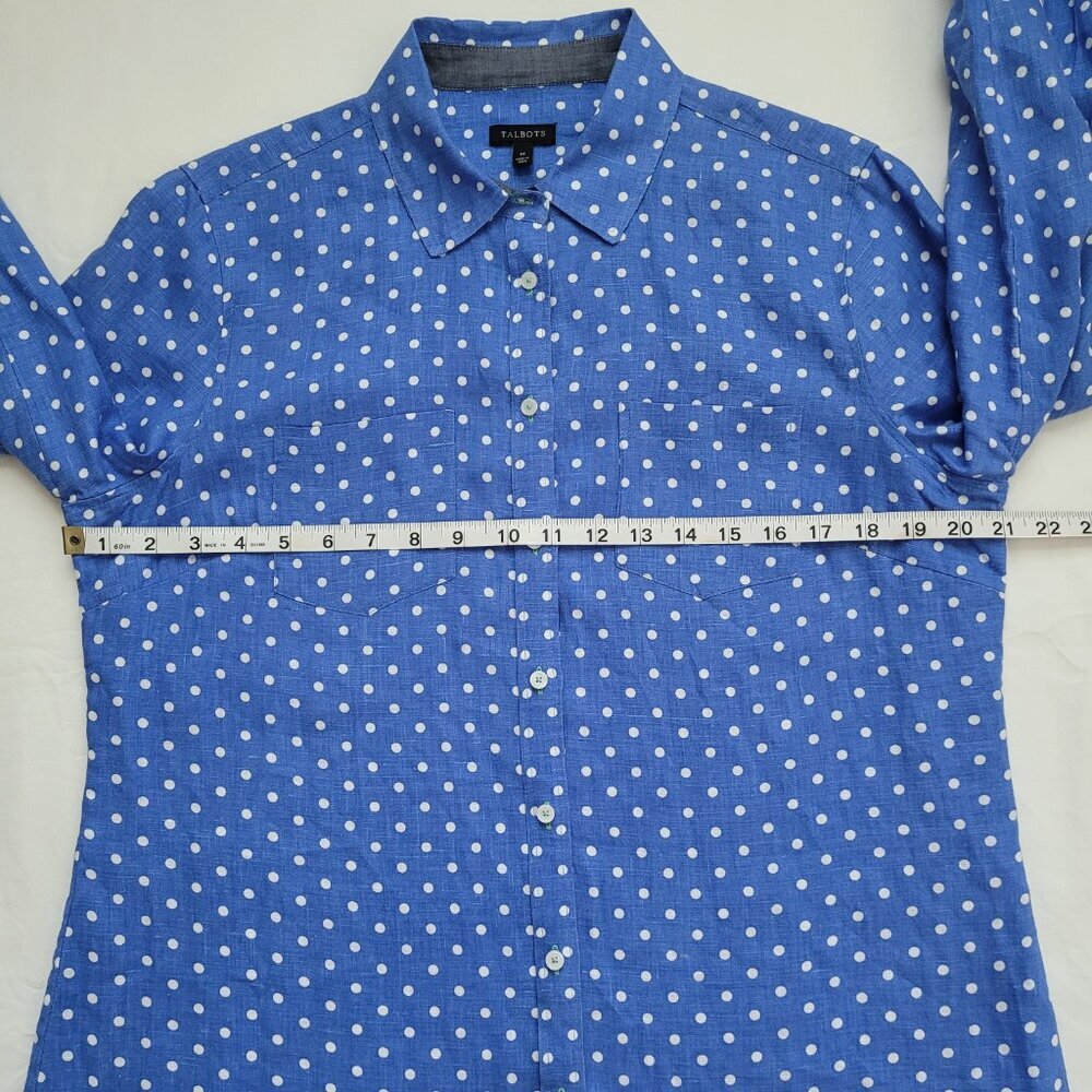 Talbots Polka Dot Shirt Button Up 100% Linen Medium Preppy Coastal Chic Classic - Picture 7 of 11